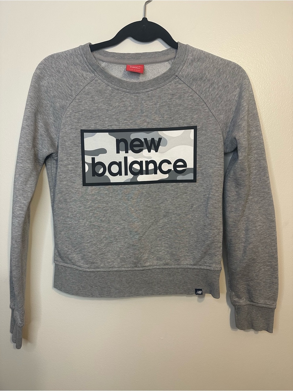 Women’s New Balance Gray Crewneck Sweatshirt with Camo Logo